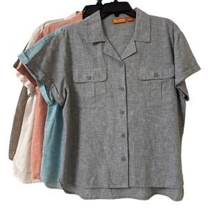 NWT Reel Legends Large Trooper Gray Blue Button Up Linen Cotton Shirt Pockets